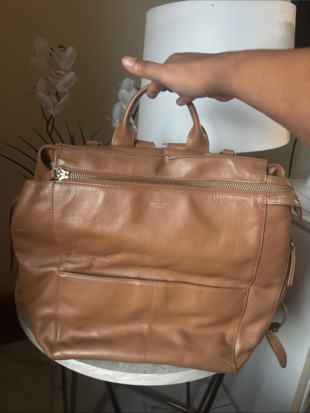 Mina Baie Cognac Leather Baby Backpack Diaper Bag